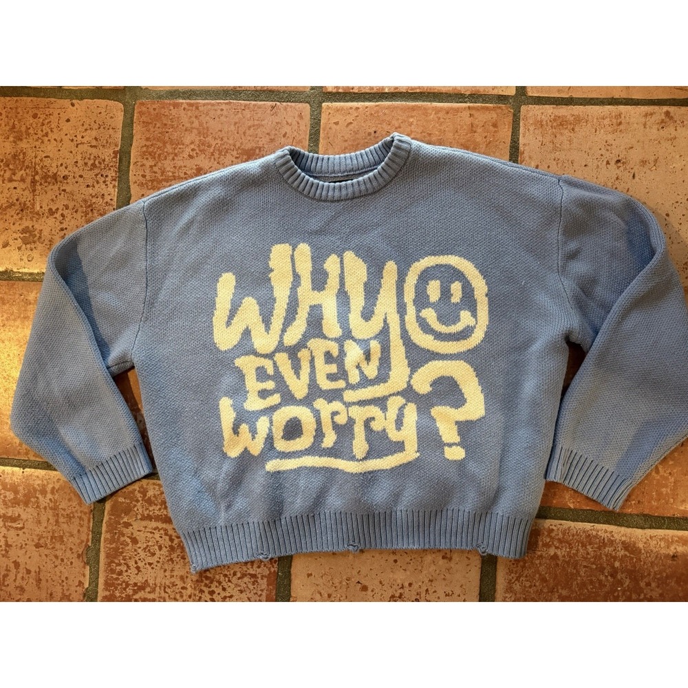 PacSun Sweater Mens L  Distressed Why even Worry Crewneck Knit Large